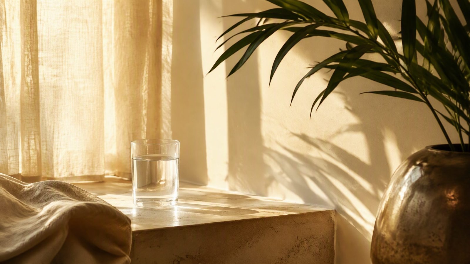 Interior mínimo bañado de luz cálida: cortina de lino, un vaso de agua y sombras verdes sobre una pared marfil.